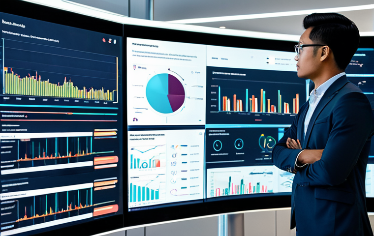 A professional Malaysian data analyst, fully clothed in a modest business suit, stands in a sleek, modern digital marketing analytics hub. They are interacting with multiple large screens displaying intricate data visualizations and AI-driven insights, reflecting deep customer understanding. The pose is natural and focused, well-formed hands. safe for work, appropriate content, fully clothed, professional, perfect anatomy, correct proportions, natural body proportions, high quality photography.