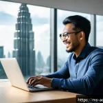 Home 19 초개인화 마케팅 플랫폼 비교 - A modern Malaysian small business owner sitting at a sleek desk in a bright office, using a laptop w...